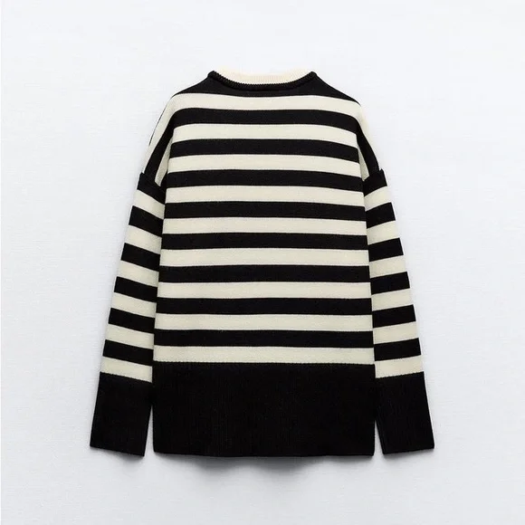 Zara | Black & Cream Striped Knit Crewneck Sweater Size Large - Picture 6 of 8